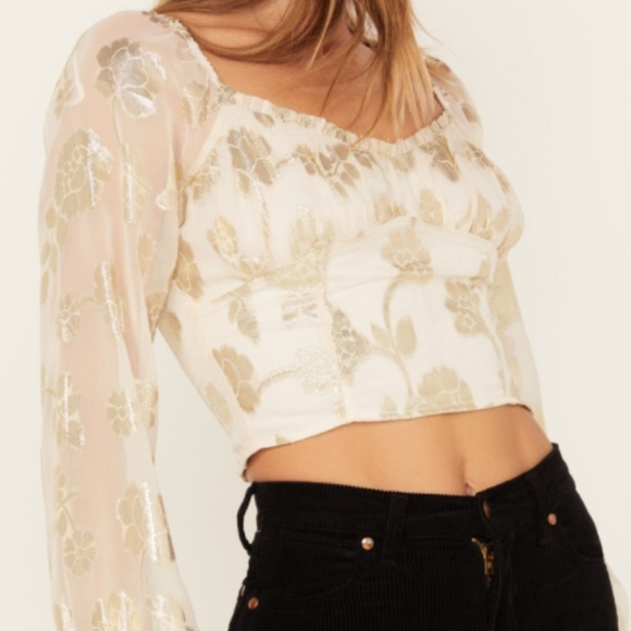 Anthropologie SADIE & SAGE Cham Afterglow Metallic Floral Crop Top Gold/White -L - Picture 3 of 15